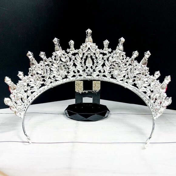 Silver Crystal Tiara, Wedding Bridal Crown, Prom Party Crown, Red Crystal Crown - Picture 3 of 6